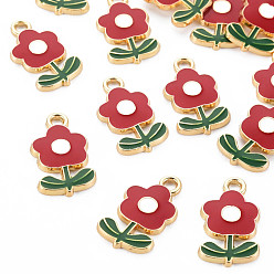 Красный Экологически чистые подвески из цинкового сплава, с эмалью, цветок, без кадмия, без никеля и без свинца, золотые, красные, 19.5x11x2.5 мм, отверстие : 2 мм