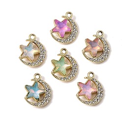 Golden UV Plating Alloy Glass Pendants, Moon with Star Charm, with Rhinestone, Faceted, Mixed Color, Golden, 18.5x15x6mm, Hole: 1.8mm