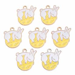 Gold Alu Schlafhasenanhänger, cadmiumfrei und bleifrei, mit Emaille, Hase mit Mond, Licht Gold, Gold, 21x19x1 mm, Bohrung: 2 mm
