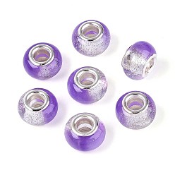 Средний Фиолетовый Прозрачные европейские бусины-рондель из смолы, с блестящей пудрой и латунными сердечниками платинового тона, бусины с большим отверстием, средне фиолетовый, 14x9 мм, отверстие : 5 мм