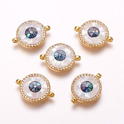 Golden Brass Micro Pave Cubic Zirconia Links, with Freshwater Shell, Flat Round, Golden, 13x17.5x3.5mm, Hole: 1mm