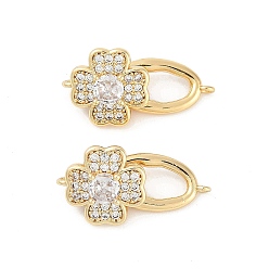 Настоящее золото 18K Латунное микропейв, прозрачный кубический цирконий, складные застежки, без кадмия, без никеля и без свинца, клевер, реальный 18 k позолоченный, 26x13 мм, отверстие : 1.2 мм