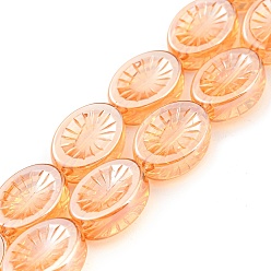 Orange Electroplate Glass Beads Strands, Pearl Luster Plated, Oval with Flower, Orange, 14x10.4x4.8mm, Hole: 1.2mm, about 45pcs/strand, 25.04 inch(63.6cm)