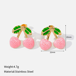 Rosa Caliente 304 aretes esmaltados de acero inoxidable para mujer, cereza, dorado, color de rosa caliente, 20x22 mm