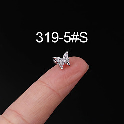Бабочка 316l серьги из хирургической нержавеющей стали с прозрачным кубическим цирконием для хряща, цвет нержавеющей стали, бабочка, 6 мм, штифты : 0.8 мм