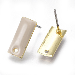 Tan Alloy Stud Earring Findings, with Loop, Enamel and Steel Pins, Rectangle, Light Gold, Tan, 14x6mm, Hole: 1.2mm, Pin: 0.7mm