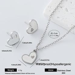 Blanco 304 Conjunto de collar con colgante de corazón esmaltado en acero inoxidable y pendientes de botón para mujer, dorado, blanco, 450 mm
