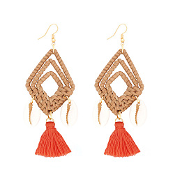 Tomato Western Style Dangle Earings, with Woven Rattan, Cowrie Shell and Tassel, Rhombus, Tomato, 100x40mm