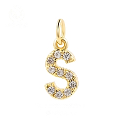 Letter S Подвески из латуни с фианитами и переходными кольцами, реальный 18 k позолоченный, Письмо с, 15.8x7.7x2.2 мм, отверстие : 2.8 мм