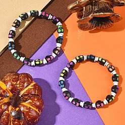 Color mezclado Pulseras elásticas de cuentas acrílicas con calaveras de Halloween, con perlas de vidrio y perlas de arcilla polimérica, color mezclado, diámetro interior: 2.42 pulgada (6.15 cm)