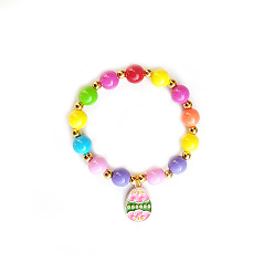 Разноцветный Браслеты с эмалированными подвесками из пасхального сплава, акриловые круглые бусины эластичные браслеты для женщин, яйцо, красочный, 7.09 дюйм (18 см)