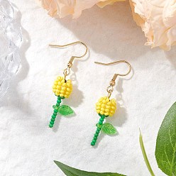 Желтый Круглые стеклянные бусины класса А, серьги-подвески в виде цветка, с прозрачными акриловыми подвесками и 304 булавками с плоской головкой из нержавеющей стали и 304 крючками для сережек из нержавеющей стали, золотые, желтые, 46.5x13 мм