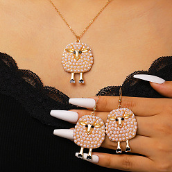 Golden Alloy & Plastic Imitation Pearl & Rhinestone Pendant Necklaces & Dangle Earrings, Sheep, Golden, 480mm & 62x32mm