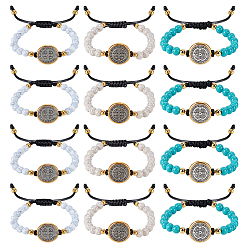 (52) Непрозрачная лаванда 12шт. 3 цвета браслеты из сплава, Браслеты из плетеных бусин с круглыми бусинами из искусственной бирюзы для мужчин и женщин, плоские круглые с святым Бенедиктом, разноцветные, внутренний диаметр: 2-1/8~3-7/8 дюйм (5.5~9.85 см), 4 шт / цвет