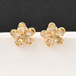 Настоящее золото 18K Серьги-гвоздики в форме цветка с микропаве из прозрачных кубических цирконий из латуни, с 316 хирургическими штифтами из нержавеющей стали, без никеля , реальный 18 k позолоченный, 11x11 мм