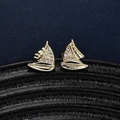 Ship Латунные серьги из микро-паве прозрачного кубического циркония, реальный 18 k позолоченный, лодка, 8x10 мм