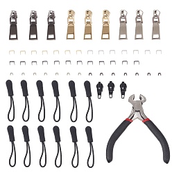 Mixed Color DIY Zip-fastener Components, Including Zinc Alloy Zipper Sliders & Zipper Heads, Brass Zipper Stopers Top Bottom Stops, Plastic Zipper Puller With Strap and Steel Jewelry Pliers, Mixed Color, 7x4x5mm, 7pcs/set