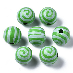 Светло-зеленый Расписные европейские бусины из натурального дерева, бусины с большим отверстием, напечатанный, круглый с полосой, светло-зеленый, 16x15 мм, отверстие : 4 мм