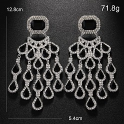 Серебро Серьги-гвоздики с подвесками из латунных страз в форме прямоугольника с каплевидной формой, серебряные, 128x54 мм