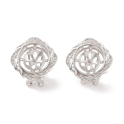 Real Platinum Plated 925 Sterling Silver Micro Pave Cubic Zirconia Earring Settings Findings, for Half Drilled Beads, Rhombus, Real Platinum Plated, 19.5x19.5mm, Pin: 0.8x11.5mm