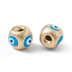 Deep Sky Blue Brass Beads, with Enamel, Real 18K Gold Plated, Cube with Evil Eye, Deep Sky Blue, 10.5x11.5x11mm, Hole: 2.5mm