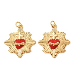 Real 18K Gold Plated Brass Pendants, with Red Enamel, Sacred Heart with Cross Charms, Rack Plating, Long-Lasting Plated, Lead Free & Cadmium Free, Real 18K Gold Plated, 26.5x24x4mm, Hole: 3mm