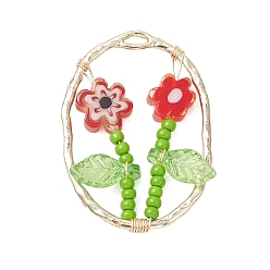 (123L) Белый крем непрозрачный блеск Подвески из стеклянного бисера и стекла миллефиори ручной работы, овальные с цветком, со сплавом, огнеупорный кирпич, 30x21.5x3 мм, отверстие : 1 мм