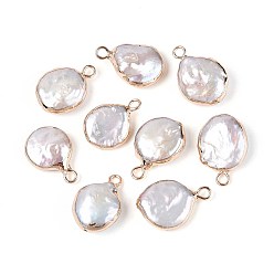 Снежный Плоские круглые подвески из натурального жемчуга кеши с гальваническим покрытием, подвески из барочного жемчуга с культивированным пресноводным жемчугом, золотые, снег, 16~18x11.5~12.5x5~9 мм, отверстие : 1.8 мм