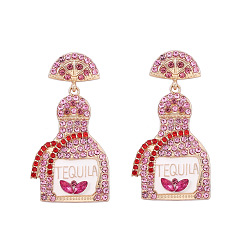 Pink Серьги-гвоздики с подвесками из цинкового сплава со стразами, Флакон духов, с эмалью, золотые, розовые, 51x26 мм