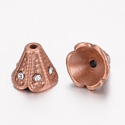 Red Copper Tibetan Style Alloy Bead Caps, with Rhinestone, 4-Petal Flower, Red Copper, 10.5x9mm, Hole: 1mm