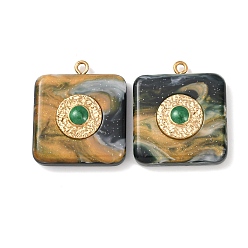 (932FM) Темно-синий аква-матовый с подкладкой 304 подвески из нержавеющей стали смолы, квадратный с плоским круглым шармом, с эмалью, золотые, темно-золотистые, 29.5x25.5x7 мм, отверстие : 2 мм