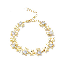 Настоящее золото 18K Браслет-цепочка с медвежьим звеном из прозрачного кубического циркония, стеллаж для латунных украшений для женщин, без свинца и без кадмия, реальный 18 k позолоченный, 7-1/2 дюйм (19 см)