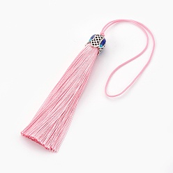 Pink Polyester Tassel Pendant Decorations, with Cloisonne Findings, Pink, 180~185mm