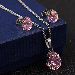 Pink "слезинка" 304 ожерелья и серьги-гвоздики из нержавеющей стали с кубическим цирконием, розовые, 17.7 дюйм, 9x7x6 мм, контактный: 0.8 mm