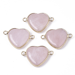 Rose Quartz Natural Rose Quartz Links, with Light Gold Plated Edge Brass Loops, Flat Round, Faceted, 19.5x28.5x6mm, Hole: 2mm
