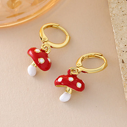 Красный Латунные серьги-кольца в форме гриба, с эмалью, реальный 18 k позолоченный, красные, 25x11 мм