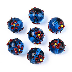 Синий Эмалевые бусины ручной работы в технике лэмпворк, круглая с цветком, синие, 16.5~19 мм, отверстие : 1.6 мм