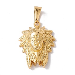 Golden PVD Vacuum Plating 304 Stainless Steel Pendants, Indian Chief Head Charm, Golden, 33x23.5x8mm, Hole: 9.5x4.5mm