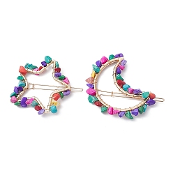 Synthetic Turquoise Alloy Hollow Hair Pin, Ponytail Holder Statement, with Wire Wrapped Synthetic Turquoise Chips, Star & Moon, 52~63.5x64~69x7.5~9.5mm, about 2pcs/set
