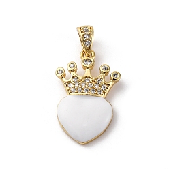 White Brass Cubic Zirconia Pendants, with Enamel & Snap on Bail, Real 18K Gold Plated, Long-Lasting Plated, Lead Free & Cadmium Free, Heart & Crown, White, 25x14.5x4mm, Snap on Bail: 3.5x7mm, Inner Diameter: 2.5x4mm