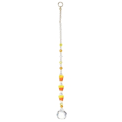 Amarillo Atrapasueños de cuentas de caramelos de maíz hechos a mano con vidrio soplado para Halloween, Adornos redondos de cristal para colgar en la ventana, amarillo, 235x21.5 mm