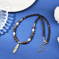 Золотой Ожерелья с подвесками в виде перьев из латуни с круглыми бусинами из окрашенной синтетической бирюзы, кокоса и дерева для женщин, цветочный белый, золотые, 16.14 дюйм (41 см)