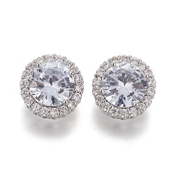 Platinum Brass Micro Pave Clear Cubic Zirconia Shank Buttons, Flat Round, Platinum, 12.5x9mm, Hole: 1.5mm