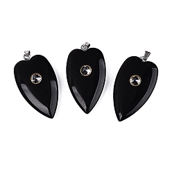 Obsidiana Colgantes naturales de obsidiana, encantos del corazón, con engastes de acero inoxidable a presión que engastan circonitas cúbicas transparentes, acero color oro y acero, 304 mm, agujero: 41~42x23x9~10 mm