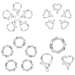 Platinum 18Pcs 3 Style Zinc Alloy Lobster Claw Clasps and Spring Gate Rings, Heart & Parrot Trigger & Polygon Ring, Platinum, 6pcs/style