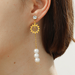 Золотой 201 серьги-гвоздики с кисточками из нержавеющей стали в виде подсолнуха, с искусственным жемчугом и прозрачным кубическим цирконием, золотые, 68x17 мм