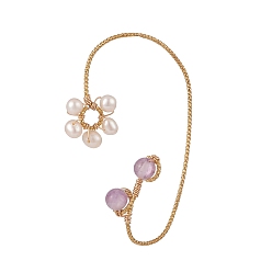 Amethyst Natural Amethyst & Pearl Braided Flower Cuff Earrings, Gold Platd Brass Wire Wrap Climber Wrap Around Earrings for Non Piercing, 58.5x37.5x1mm