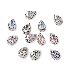 Mixed Color Rack Plating Brass Micro Pave Cubic Zirconia Multi-strand Links, Cadmium Free & Lead Free, Teardrop, Platinum, Mixed Color, 14x9.5x5mm, Hole: 1.2mm
