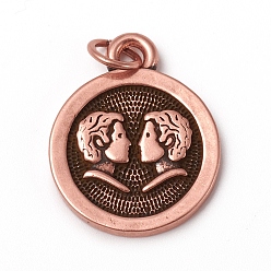 Близнецы Латунные подвески, с прыжковых колец, долговечный, плоский круг со знаком 12 созвездия / зодиака, античный розового золота, Близнецы, 18.5x15x2 мм, переходное кольцо: 5x0.7 мм, внутренний диаметр: 3.6 мм