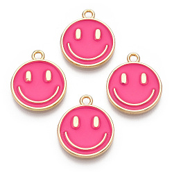 Deep Pink Light Gold Tone Alloy Enamel Pendants, Flat Round with Smiling Face Charms, Deep Pink, 19x16x1.5mm, Hole: 1.8mm
